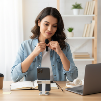 Femme enregistrant avec un microphone sans fil et un smartphone sur un bureau