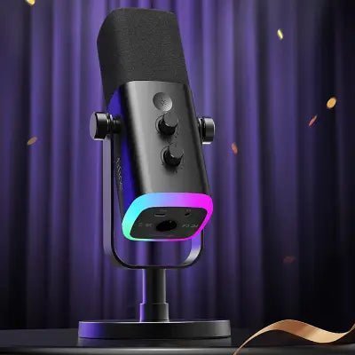 Microphone USB RGB avec éclairage LED multicolore sur fond violet luxueux – Streaming Univers