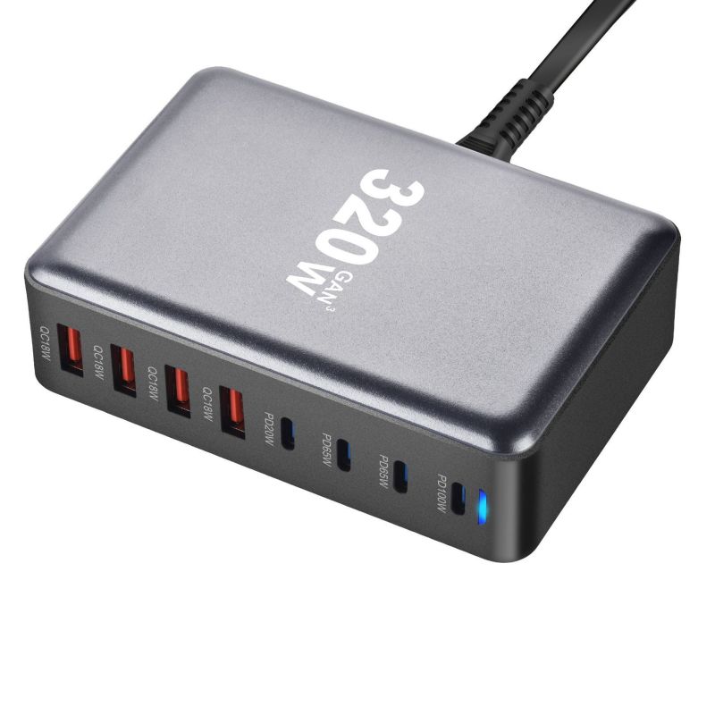 Chargeur universel 320W GaN à 8 ports USB-C et USB-A vu de dessus, idéal pour la charge rapide de plusieurs appareils