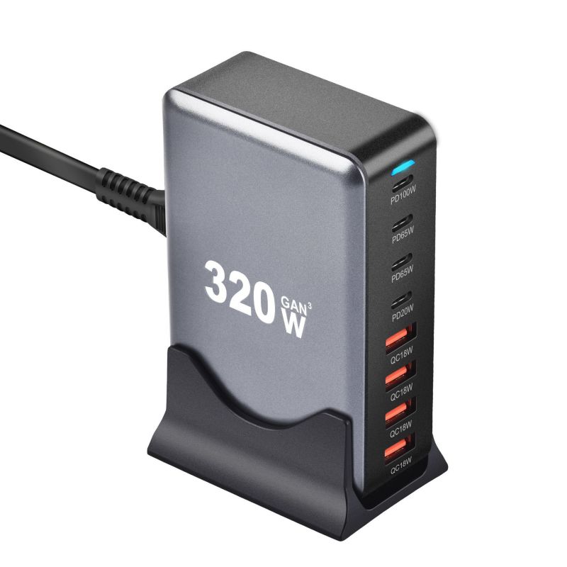 Chargeur universel 320W GaN avec 8 ports USB-C et USB-A pour une charge rapide et simultanée