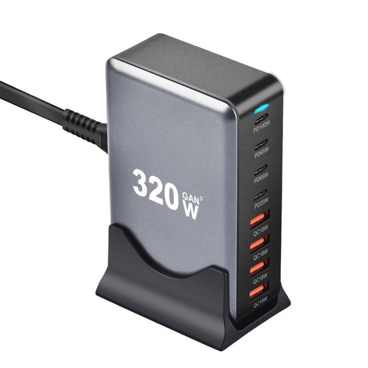 Chargeur universel 320W GaN avec 8 ports USB-C et USB-A pour une charge rapide et simultanée