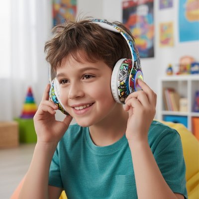 Enfant ajustant casque audio coloré
