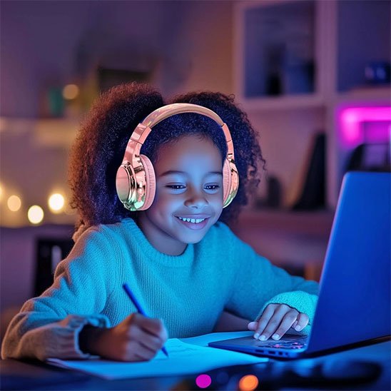 Enfant utilisant casque audio rose sur ordinateur