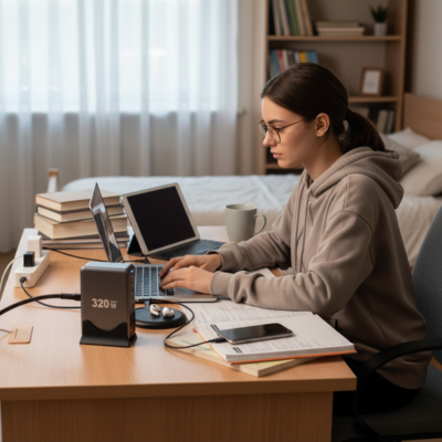 Étudiante concentrée utilisant un chargeur universel 320W GaN pour recharger son ordinateur portable, son téléphone et sa tablette sur un bureau moderne