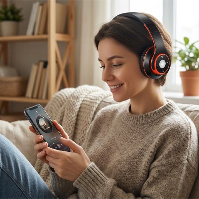 Femme assise avec casque audio sans fil et téléphone