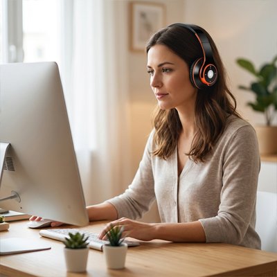 Femme portant un casque audio sans fil en télétravail sur ordinateur
