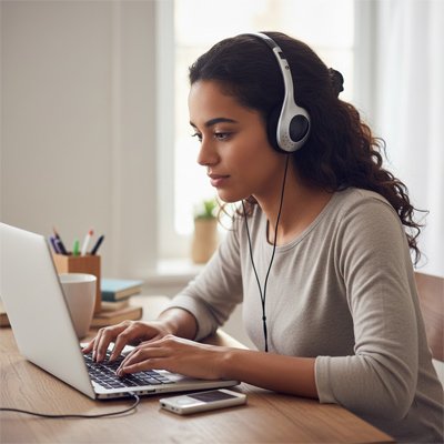 Femme utilisant casque filaire sur ordinateur