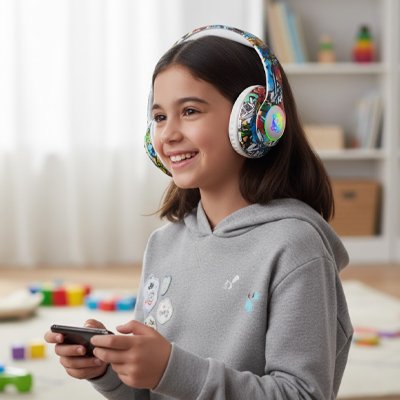 Fillette portant casque audio enfant