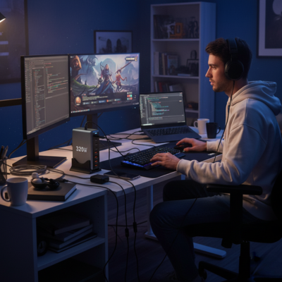 Gamer utilisant un chargeur universel 320W GaN pour alimenter plusieurs écrans, ordinateur portable et accessoires sur son bureau