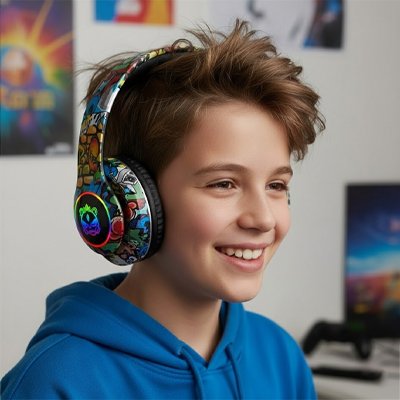Garçon avec casque audio enfant lumineux