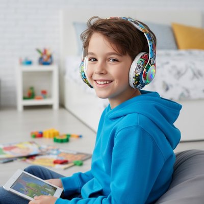 Garçon utilisant casque audio enfant à bureau 