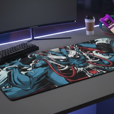 Grand tapis de bureau gaming dragon bleu