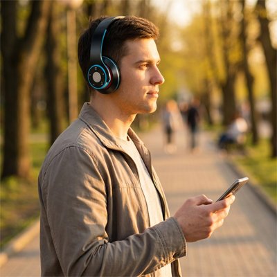 Homme écoutant de la musique avec casque sans fil en plein air