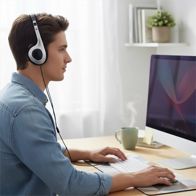 Homme travaillant avec casque audio filaire