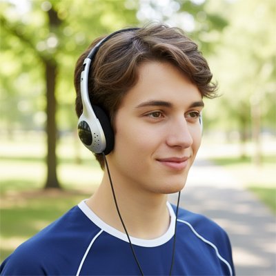 Jeune homme portant casque audio filaire extérieur