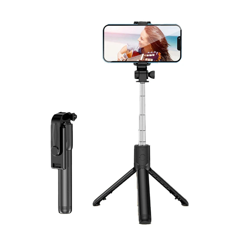 Perche à selfie pliable noire avec support extensible pour téléphone portable, idéale pour capturer des photos, vidéos et moments en extérieur.