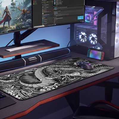Sous main bureau dragon noir setup gaming