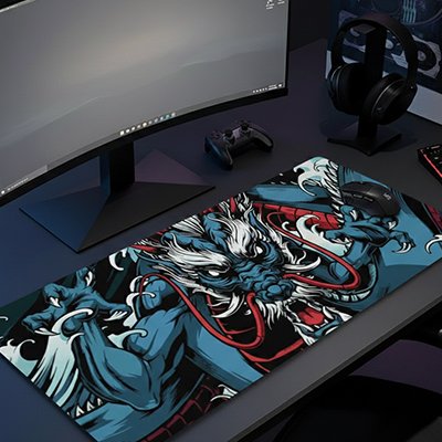 Sous main bureau gaming dragon bleu