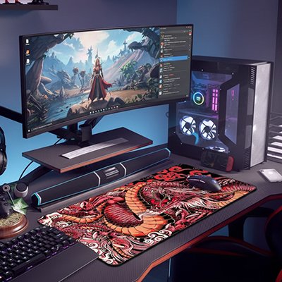 Tapis de bureau gaming dragon rouge avec PC